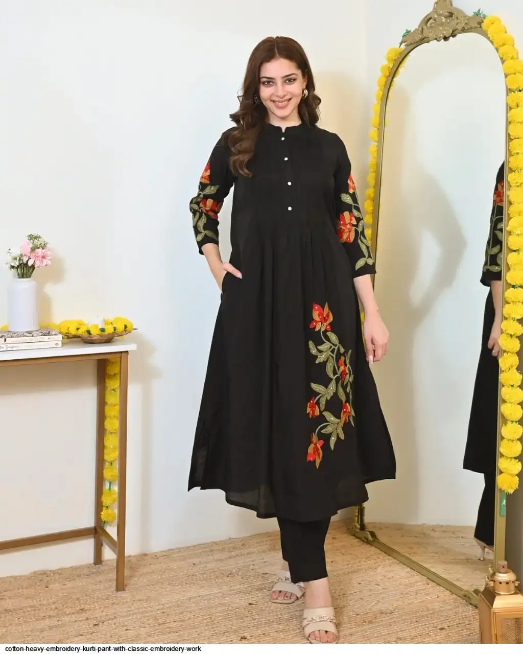 Women’s Cotton A-Line Kurta with Floral Embroidery & Straight Pants Set thumbnail