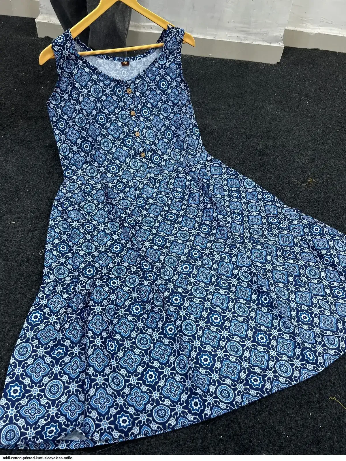 Women’s Blue Cotton Sleeveless A-Line Midi Dress with Ruffle Hem thumbnail