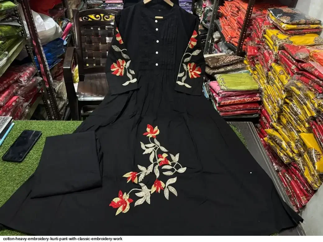 Women’s Cotton A-Line Kurta with Floral Embroidery & Straight Pants Set thumbnail