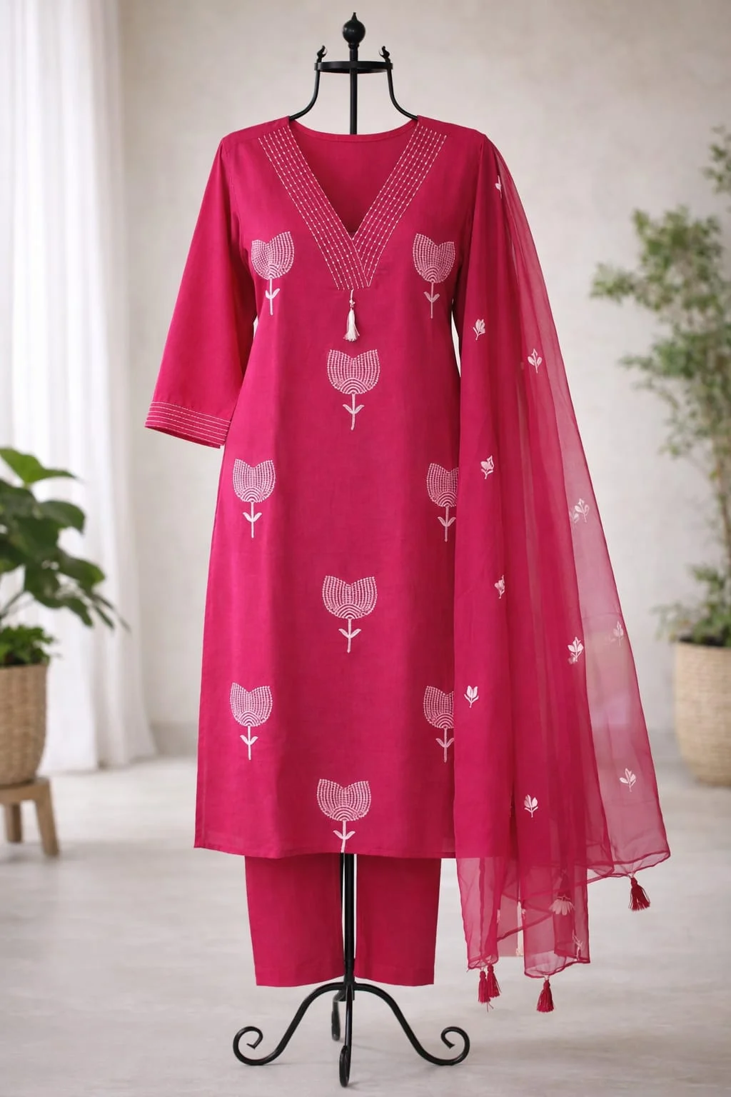 Women’s Rani Pink Printed Kurta Pant Dupatta Set | V-Neck Ethnic Suit with Floral Motif | Festive, Party & Casual Wear Kurti Set #020 thumbnail