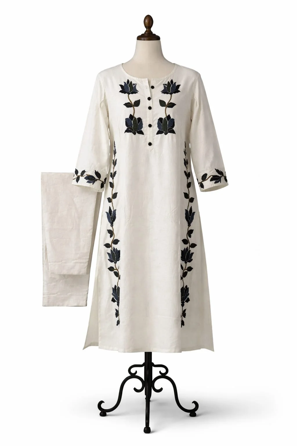 Women’s Off White Embroidered Kurta Pant Set | Khadi  Cotton Straight Kurti with Floral Design | Ethnic Wear for Office, Casual & Festive Use #044 thumbnail