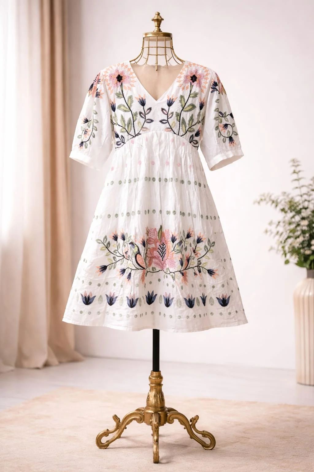 Women's Full White Floral Embroidered Mull Cotton Dress – A-Line Knee Length Summer Dress