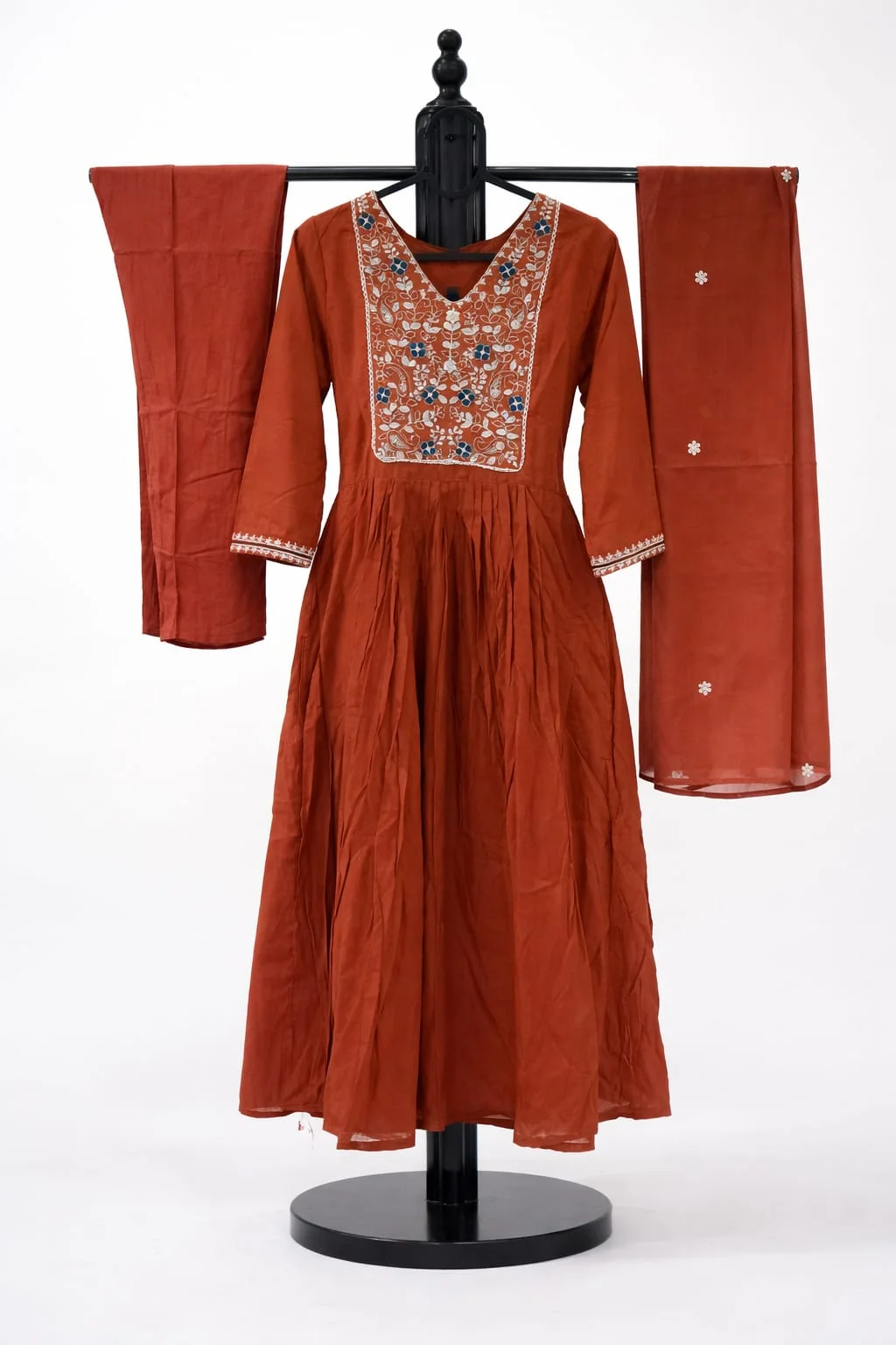Women's Rust Orange Mull Chanderi Kurta Pant Dupatta Set – Embroidered Ethnic Suit | #039 thumbnail