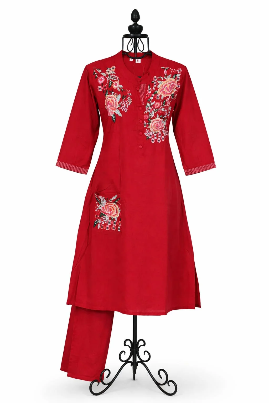 Women's Red Floral Embroidered Kurti 2PC Pant Set – Cotton Straight Kurta #012 thumbnail
