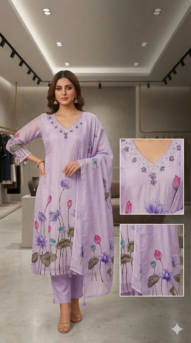 Women’s Floral Lavender Muslin Kurti Pant Dupatta Set #075
