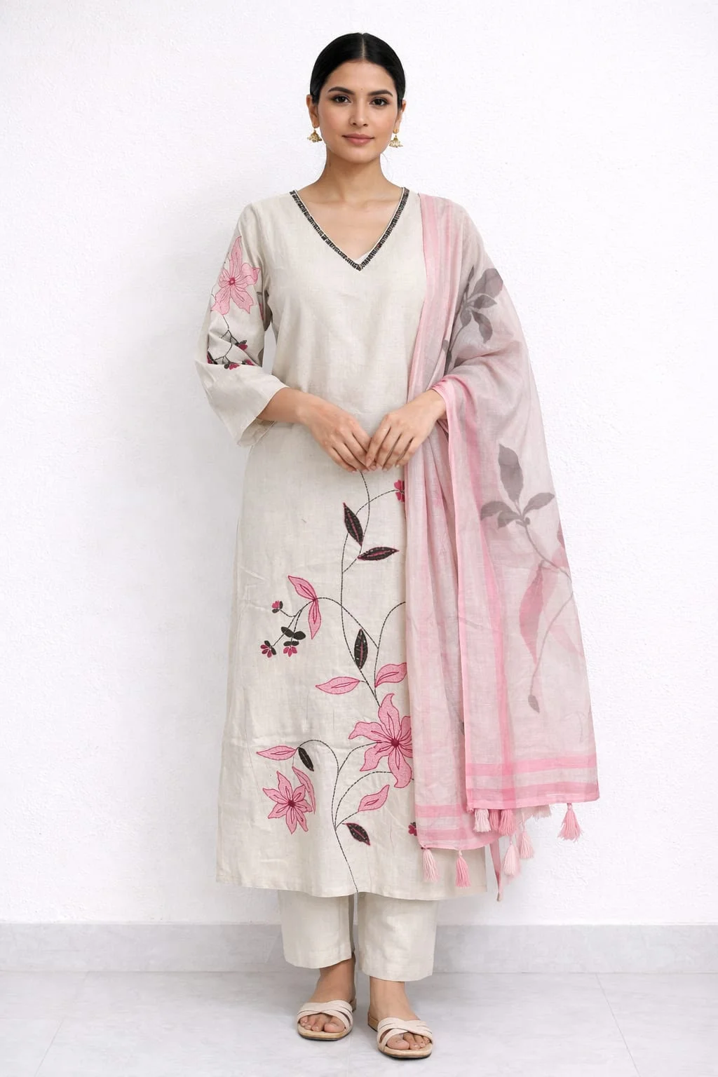 Women's Off White Floral Embroidered Kurta Pant Dupatta Set – Pure Khadi Cotton Ethnic Suit #056