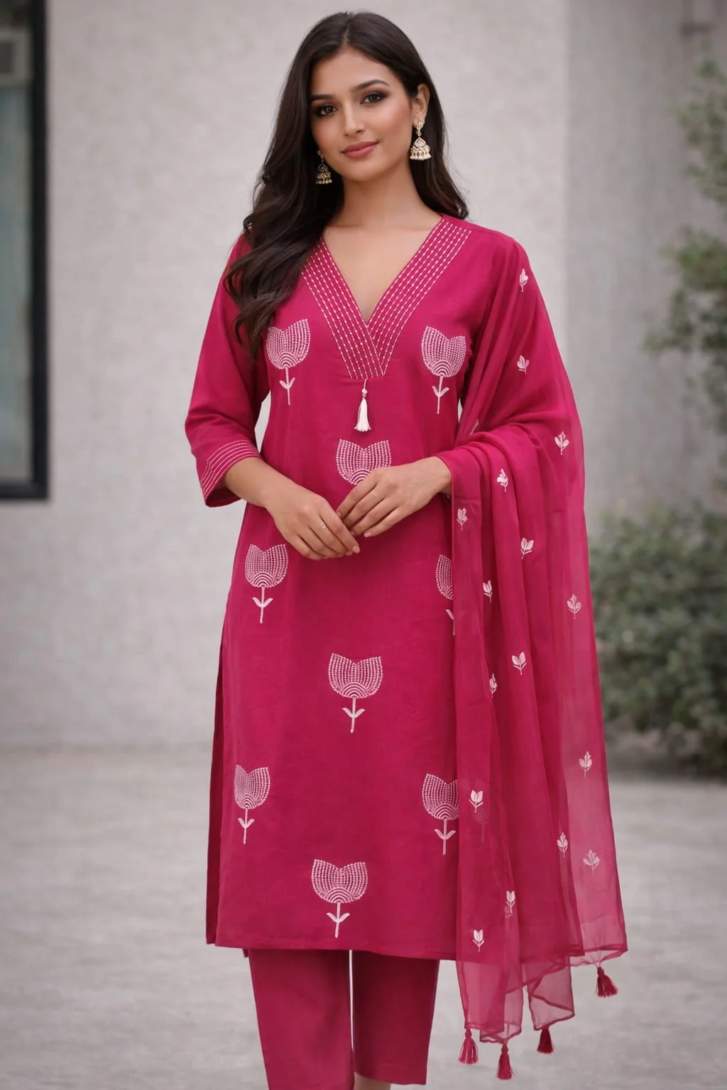 Women’s Rani Pink Printed Kurta Pant Dupatta Set | V-Neck Ethnic Suit with Floral Motif | Festive, Party & Casual Wear Kurti Set #020