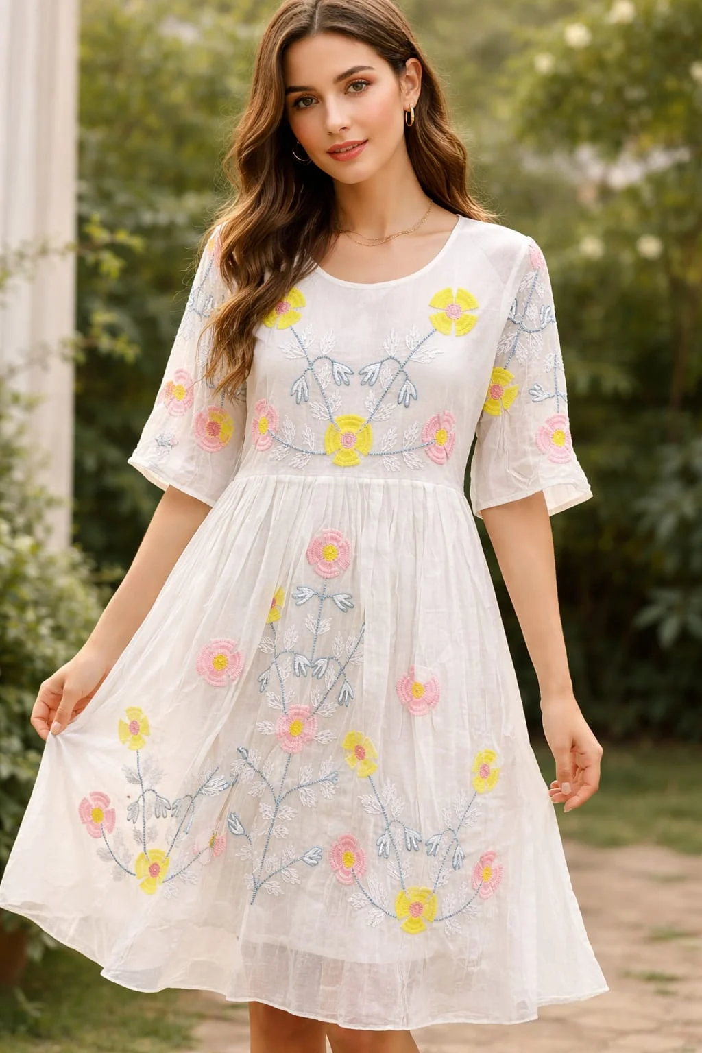 Women's Half White Floral Embroidered Mull Cotton Dress – A-Line Knee Length Summer Dress