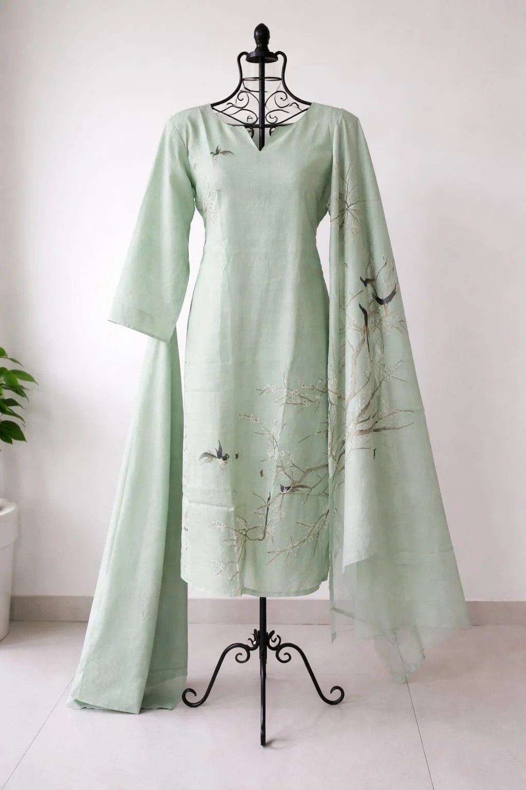 Women’s Pastel Green Printed Kurta Pant Dupatta Set | Elegant Bird & Nature Motif Ethnic Suit | Festive, Party, Office & Casual Wear #053 thumbnail