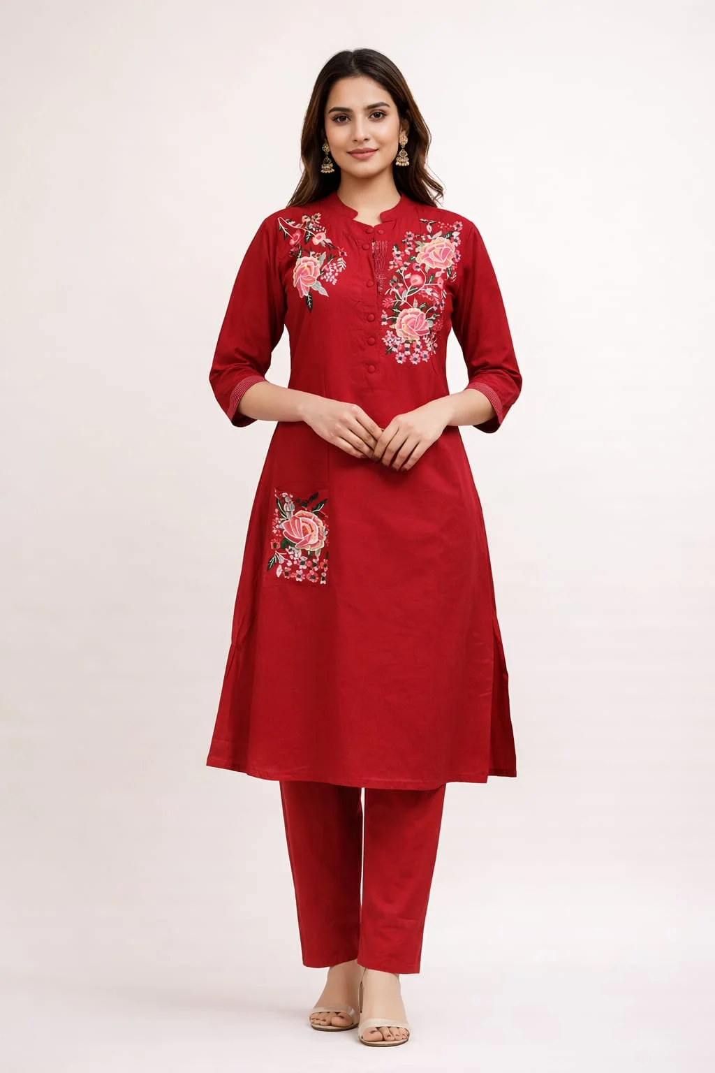 Women's Red Floral Embroidered Kurti 2PC Pant Set – Cotton Straight Kurta #012