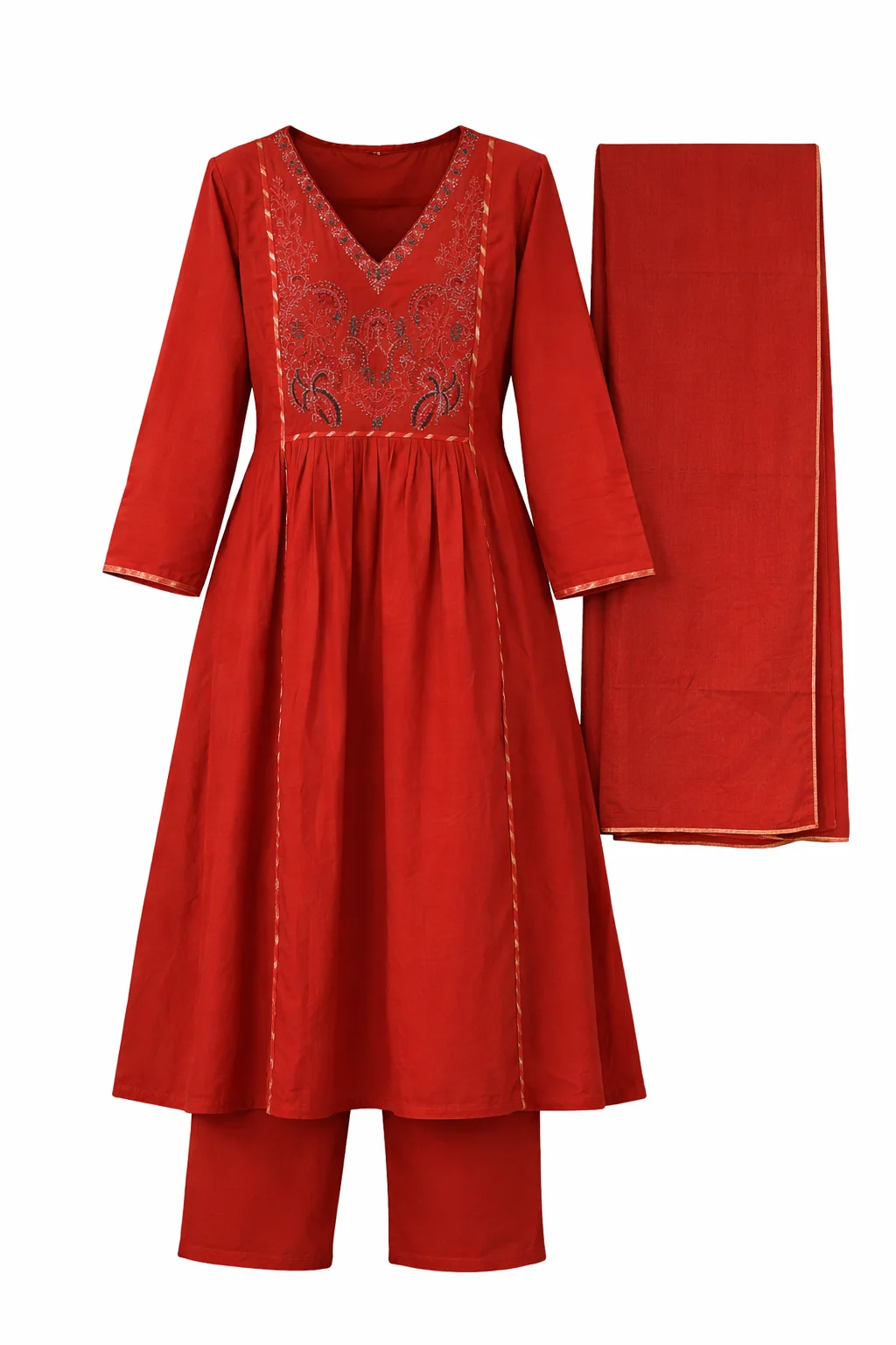Women's Red Embroidered Kurta Pant Dupatta Set – V-Neck Ethnic Suit | #050 thumbnail