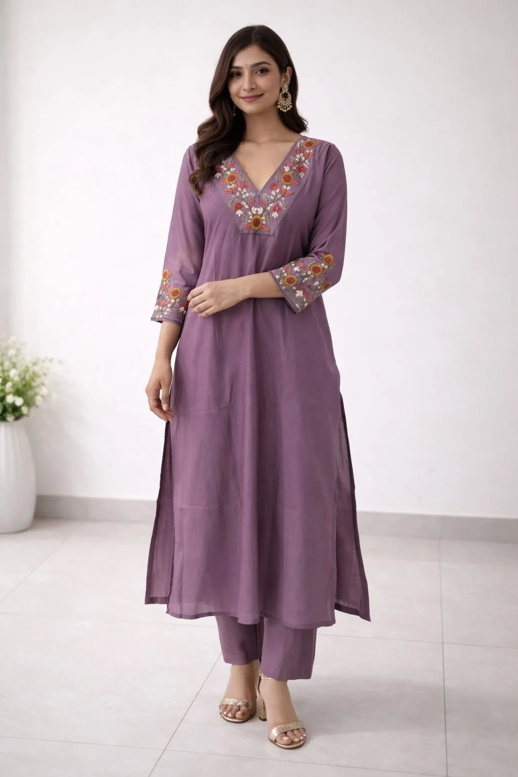 Elegant Mauve Embroidered Kurti Set for Women – V-Neck Straight Kurta, Pants & Dupatta #065 thumbnail