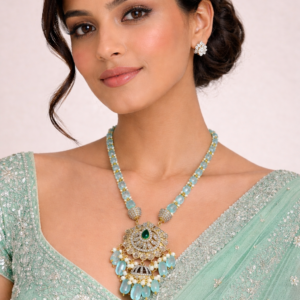 sky blue beaded kundan pendant necklace for women | traditional gold plated statement jewellery with pearl drops | ethnic party & wedding necklace set