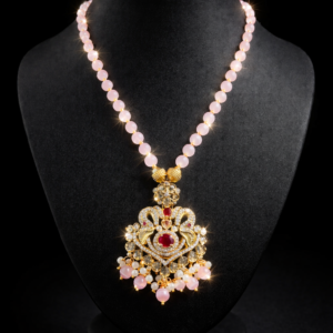 baby pink beaded kundan pendant necklace for women | traditional gold plated statement jewellery with pearl drops | ethnic party & wedding necklace set