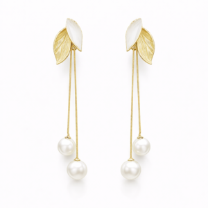 elegant leaf pearl dro earrings for women – gold plated leaf design long chain earrings with pearl dangle | stylish fashion jewellery