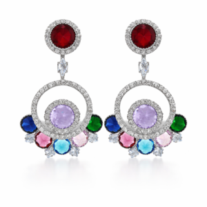 multicolor crystal dro earrings for women – silver plated round dangle earrings with red stone stud, party wear fashion jewelry