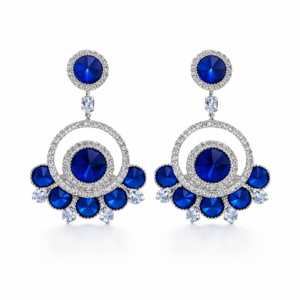 blue crystal dro earrings for women – silver plated round dangle earrings with red stone stud, party wear fashion jewelry