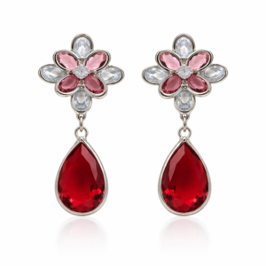 women’s crystal dro earrings – floral stud with red teardro stone, designer party wear earrings for women & girls