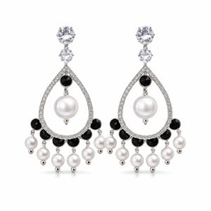 women’s pearl dro earrings – crystal teardro dangle earrings with black stones, elegant party wear designer jewelry