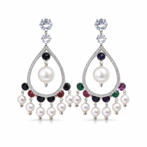 women’s pearl dro earrings – crystal teardro dangle earrings with multi color stones, elegant party wear designer jewelry