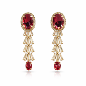 women’s red crystal dro earrings – oval stone long dangle earrings with gold finish, elegant party wear designer jewelry