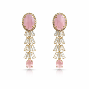 women’s pink crystal dro earrings – oval stone long dangle earrings with gold finish, elegant party wear designer jewelry