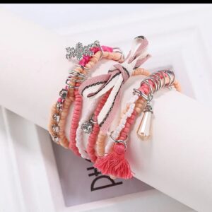 women’s peach pink beaded bracelet set – boho layered stretch bracelets with tassel & charm, fashion stackable wrist jewelry for girls & women