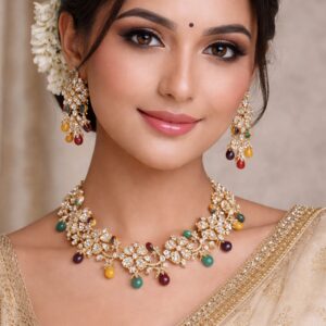 multicolor stone floral necklace set for women | gold plated statement jewellery with matching earrings | wedding, party & festive wear choker necklace