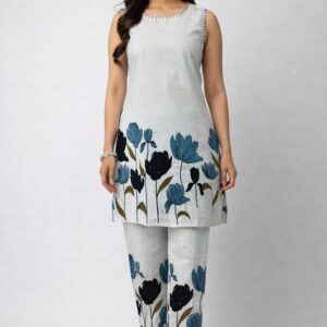 women’s sleeveless floral printed light grey khadi cotton co ord set #060